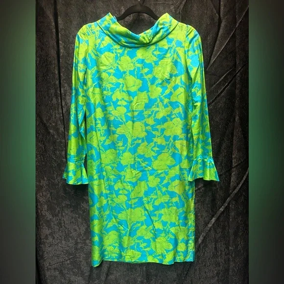 Vintage 1960s Rolled Collar Silk Cocktail Dress Blue and Green - Picture 2 of 7